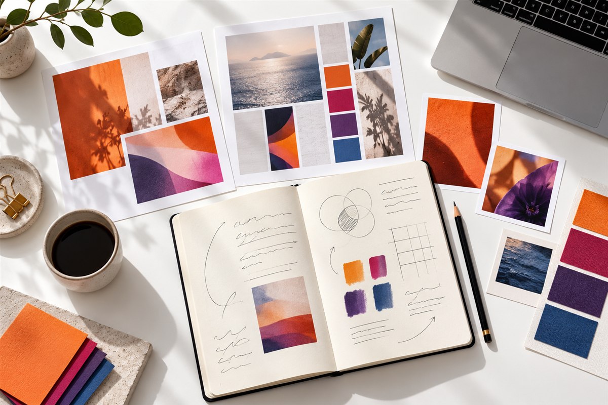 Mesa de planejamento de marca com caderno, referências visuais e amostras de cores