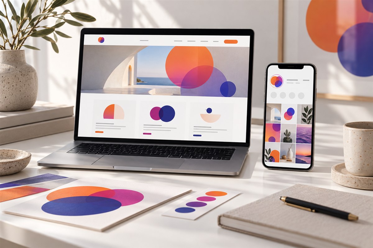 Composições de uma marca fictícia no notebook e no celular com cores e elementos visuais correspondentes