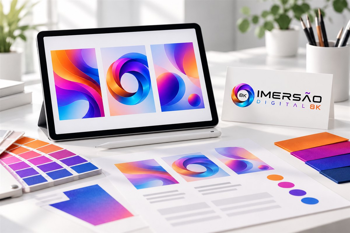 Estúdio ilustrativo com tablet, alternativas de composição e identificação da Imersão Digital 8K