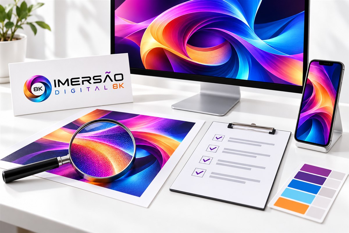 Mesa ilustrativa de revisão visual com monitor, lupa, checklist e adaptação para celular