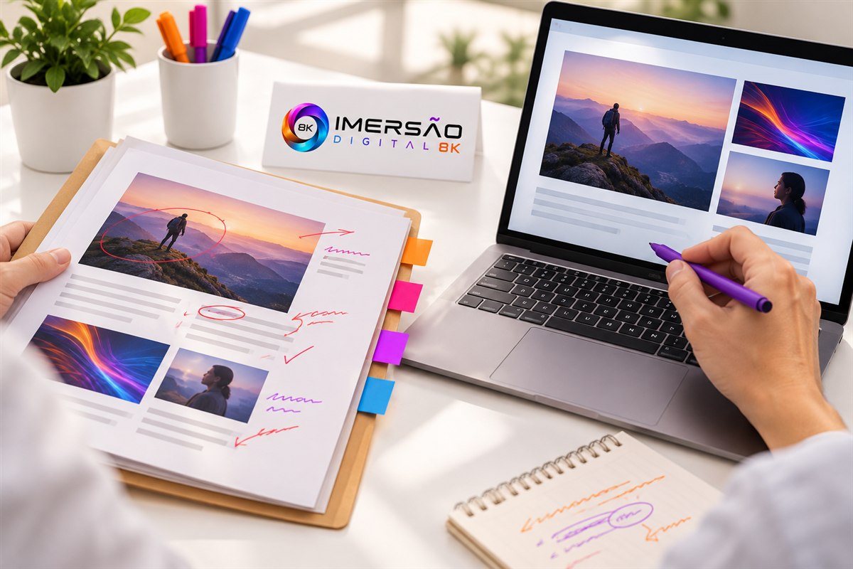 Cena ilustrativa de revisão com notebook, documentos de referência e identificação da Imersão Digital 8K