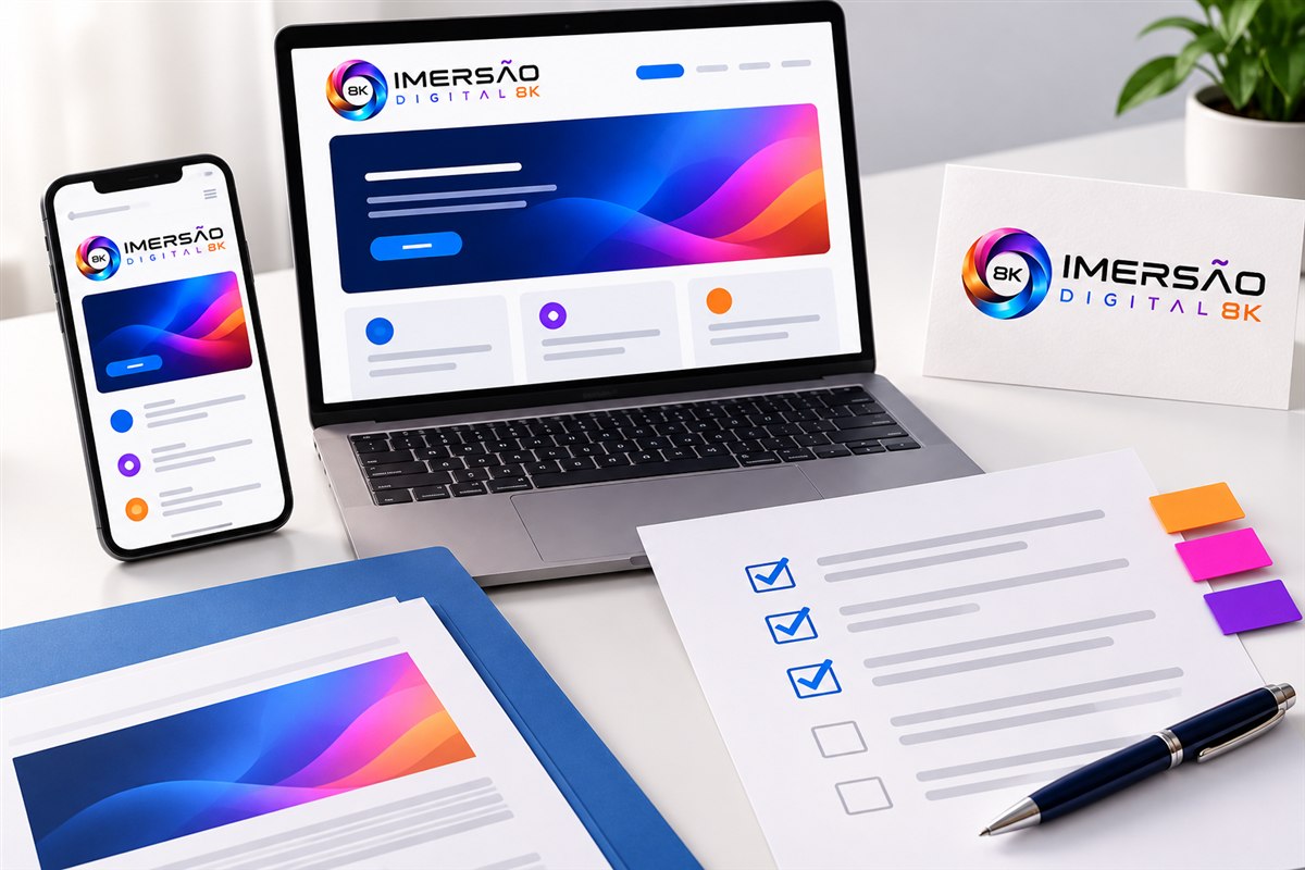 Notebook e celular com layouts correspondentes ao lado de um checklist de conferência de publicação