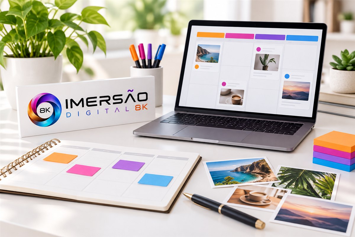 Mesa ilustrativa com planejamento semanal no notebook, agenda e identificação da Imersão Digital 8K
