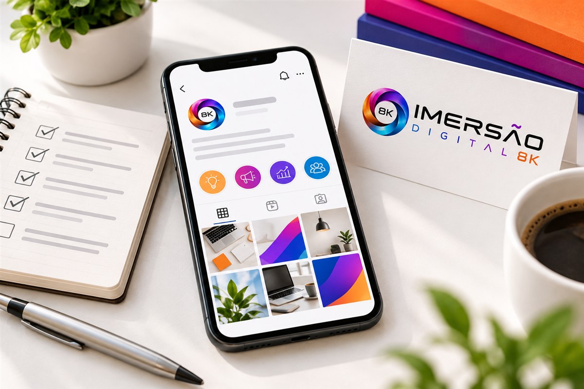 Perfil comercial ilustrativo no celular ao lado de checklist e identificação da Imersão Digital 8K