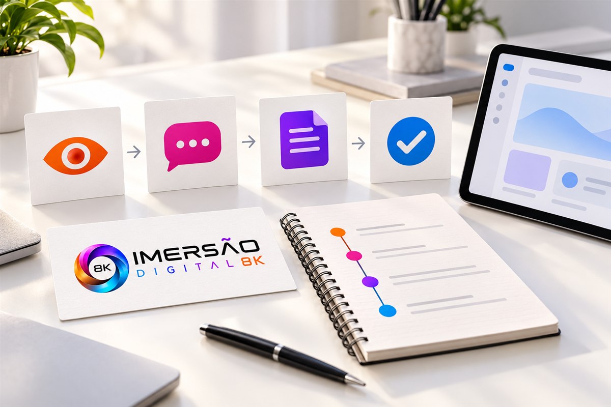 Cartões ilustrativos de atenção, mensagem, proposta e confirmação ao lado de um registro de acompanhamento