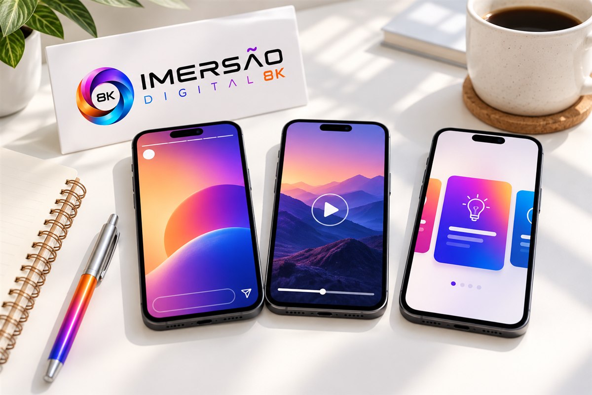 Três apresentações ilustrativas de conteúdo vertical, vídeo e sequência de cards na identidade da Imersão Digital 8K