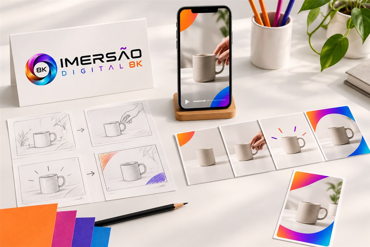 Planejamento ilustrativo com roteiro de vídeo, cards sequenciais e peça vertical de apoio