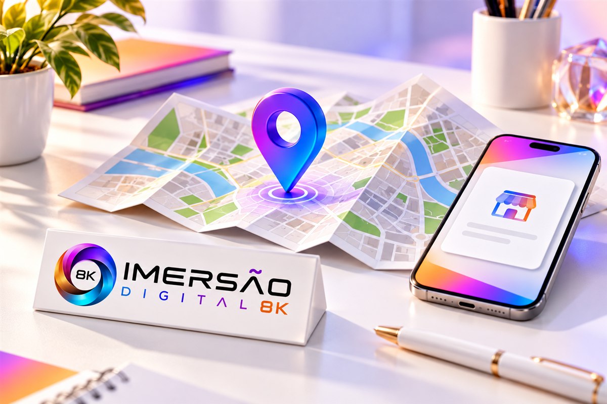 Mapa abstrato, marcador de localização e celular ilustrativo com a identidade da Imersão Digital 8K