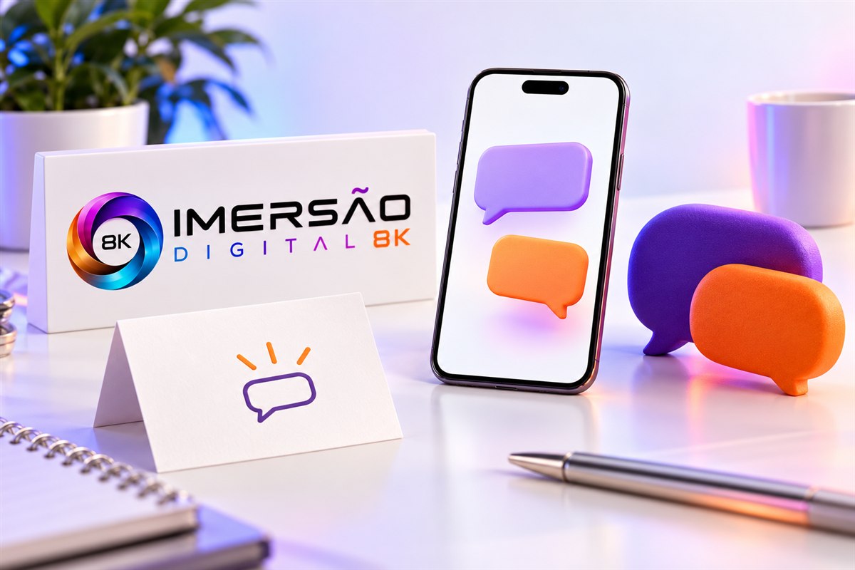 Celular e elementos de conversa na identidade visual da Imersão Digital 8K