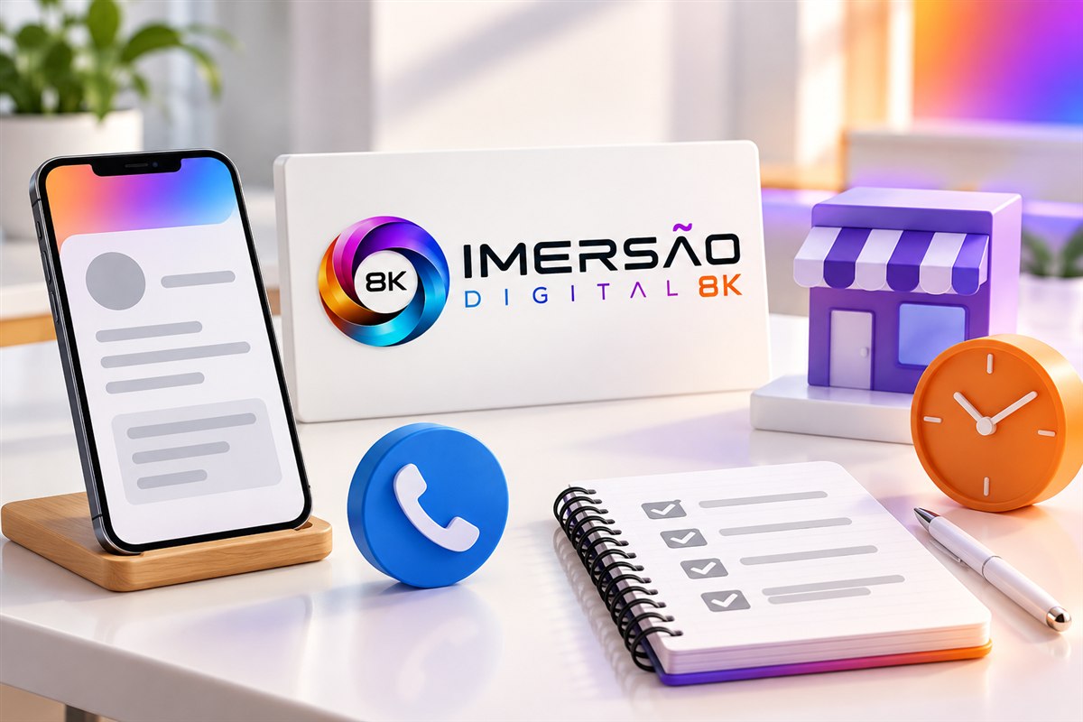 Celular, relógio e checklist ilustrando a revisão de informações comerciais na identidade da Imersão Digital 8K