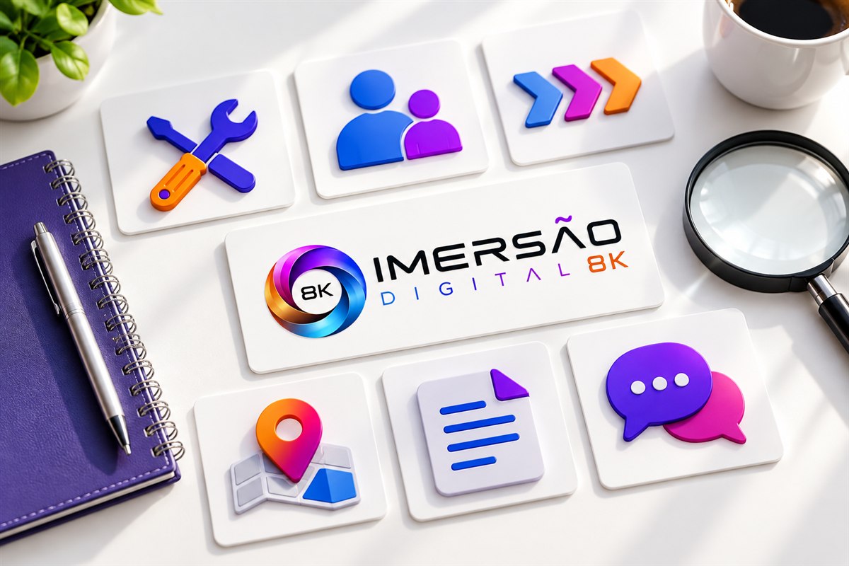 Cartões ilustrativos organizando serviço, público, processo, localização e contato