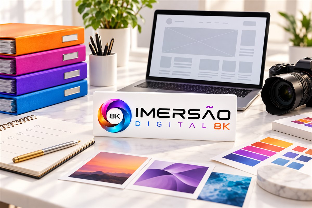 Pastas, câmera, notebook e amostras de marca para preparar um briefing de site na identidade da Imersão Digital 8K