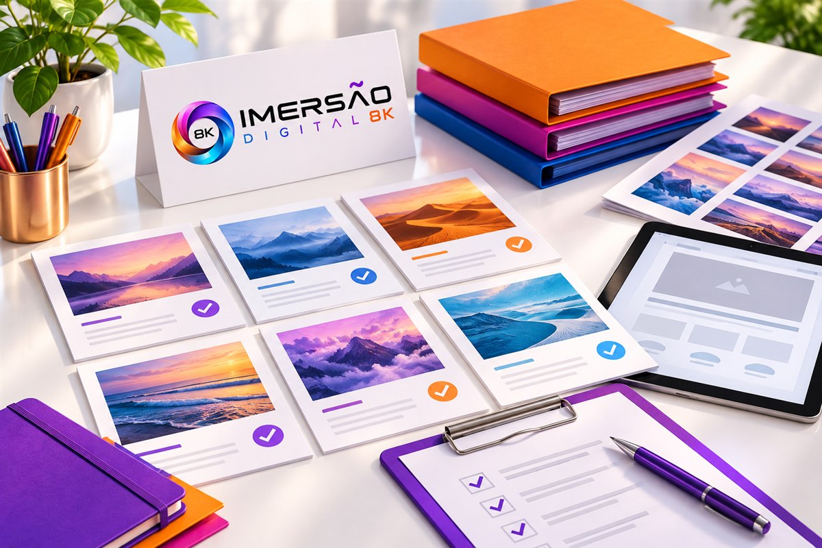 Documentos, pastas e checklist ilustrando organização e aprovação de materiais de um site