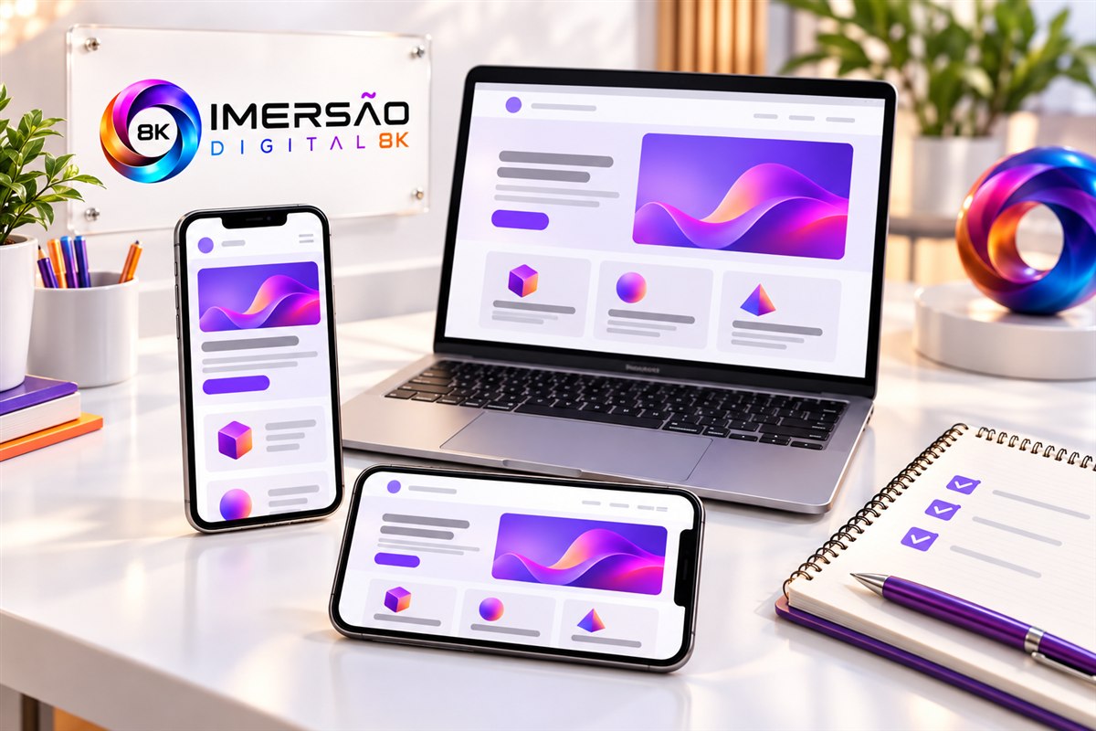Celulares e notebook ilustrando uma página de serviço em diferentes tamanhos de tela